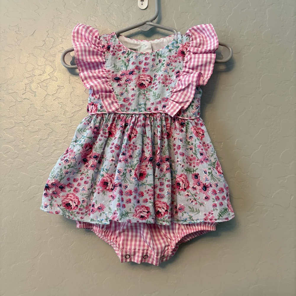 Pastourelle by Pippa & Julie pink floral and gingham bubble romper 6-9 month